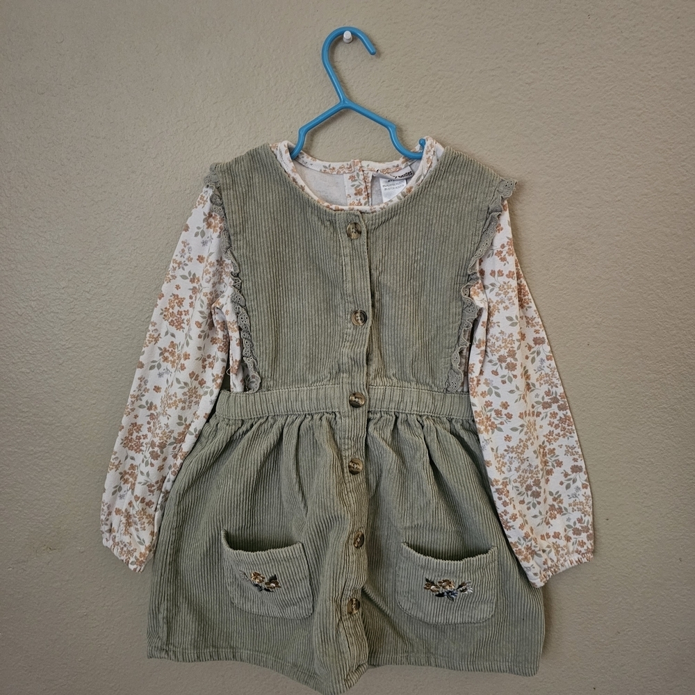 Daisy Fuentes Green Matching Set with Cuoduroy Dress Floral Long Sleeve Tee